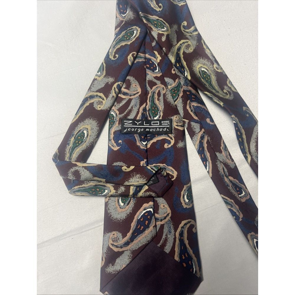 Zylos George Mach Mens Tie Necktie 100% Italian‎ Silk Brown Blue Red Paisley